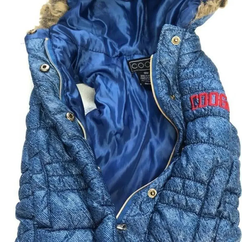 COOGI Kids Denim Blue Puffer‎ Vest Hooded Faux Fur Trimmed
